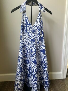 Spense Blue White Floral Halter Dress A-Line Summer Vacation Sundress
